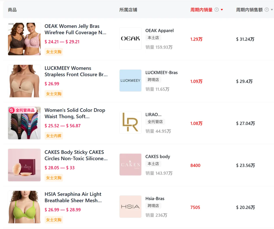 TikTok女装内衣类目TOP5产品